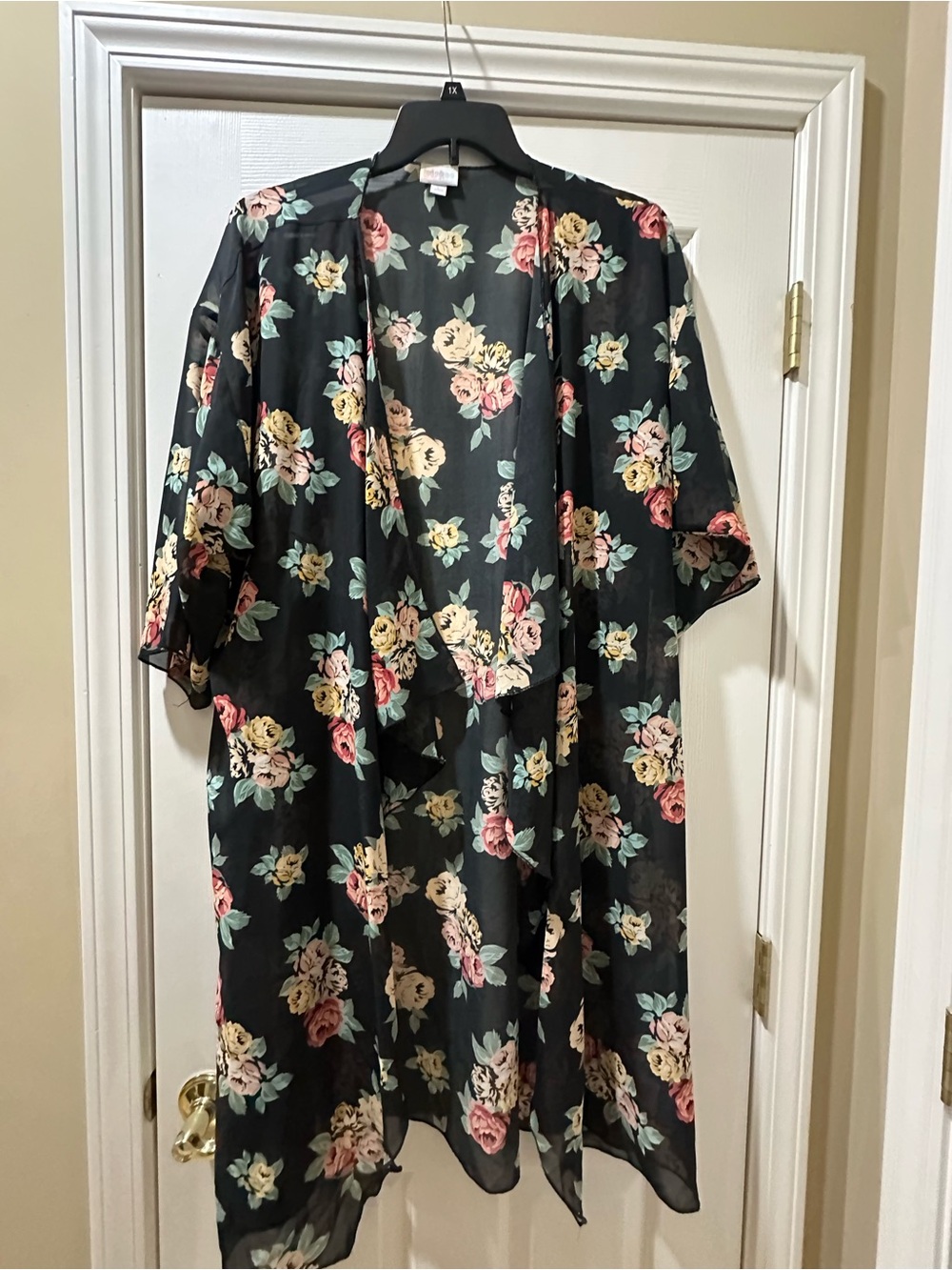 LuLaRoe Black Floral Open Cardigan with Pink and Cream Roses